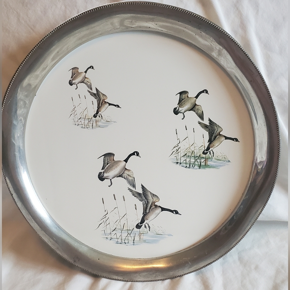 Revere Vintage Pewter Silver Tray Flying Geese Design Felt Backed Retro MCM 13"
